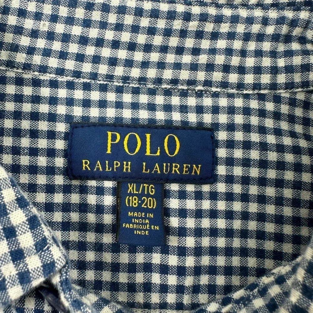 Polo Ralph Lauren Boys Button Down Shirt XL 18-20 Dark Blue White Check Cotton